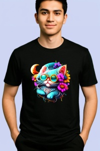 Tricou Pisica alba pe luna cu flori albastre fundal deschis Copii | Dama | Barbat, culoare negru - Img 2