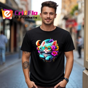 Tricou Pisica alba pe luna cu flori albastre fundal deschis Copii | Dama | Barbat, culoare negru - Img 5