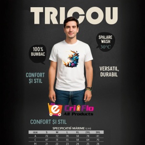 Tricou Pisica alba portocalie pe luna si flori albastre Copii | Dama | Barbat - Img 6