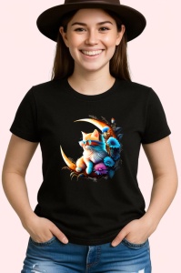 Tricou Pisica alba portocalie pe luna si flori albastre Copii | Dama | Barbat, culoare negru - Img 3