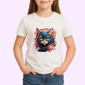 Tricou Pisica albastra cu flori roz fundal artistic Copii | Dama | Barbat - Img 4