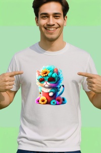 Tricou Pisica albastra cu inima si flori galbene Copii | Dama | Barbat - Img 2