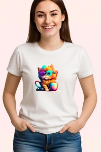 Tricou Pisica colorata cu ochelari si cana portocalie Copii | Dama | Barbat - Img 2