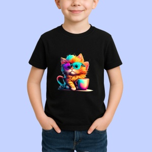 Tricou Pisica colorata cu ochelari si cana portocalie Copii | Dama | Barbat, culoare negru - Img 4
