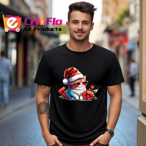 Tricou Pisica Craciun cu caciula rosie si fundal negru Copii | Dama | Barbat, culoare negru - Img 5