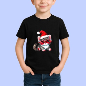 Tricou Pisica Craciun cu caciula si ochelari rosii Copii | Dama | Barbat, culoare negru - Img 4