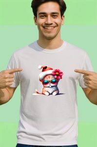 Tricou Pisica Craciun cu floare rosie si caciula fundal negru Copii | Dama | Barbat