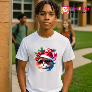 Tricou Pisica Craciun cu floare rosie si ochelari fundal alb Copii | Dama | Barbat - Img 4
