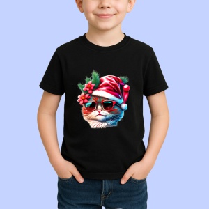 Tricou Pisica Craciun cu floare rosie si ochelari fundal alb Copii | Dama | Barbat, culoare negru - Img 4