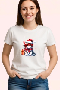 Tricou Pisica Craciun cu ochelari si cadou fundal albastru Copii | Dama | Barbat - Img 2