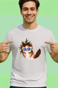 Tricou Pisica Craciun cu ochelari si coada pufoasa Copii | Dama | Barbat
