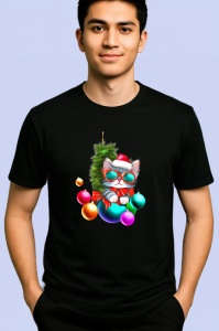 Tricou Pisica Craciun in caciula cu globuri roz si albastre Copii | Dama | Barbat, culoare negru - Img 2