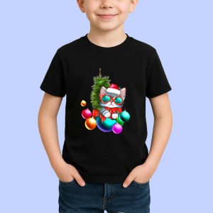 Tricou Pisica Craciun in caciula cu globuri roz si albastre Copii | Dama | Barbat, culoare negru - Img 4