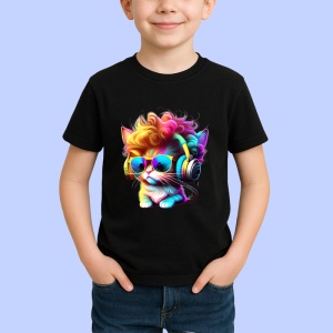 Tricou Pisica cu bucle aurii si casti pop art Copii | Dama | Barbat, culoare negru - Img 4