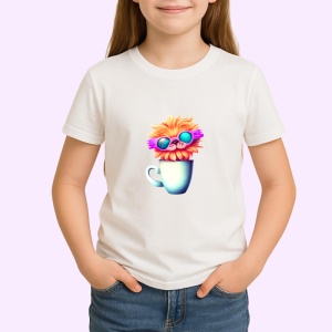 Tricou Pisica cu cana alba si flori colorate in par Copii | Dama | Barbat - Img 3