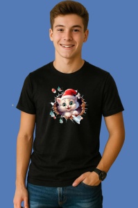 Tricou Pisica Cu Decor De Sarbatoare Craciun, din bumbac 100% Copii | Dama | Barbat