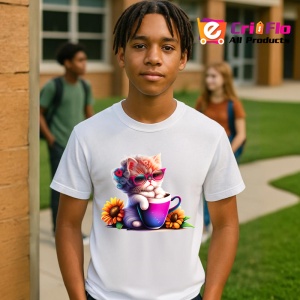 Tricou Pisica cu floare in par si cana violet cu floarea soarelui Copii | Dama | Barbat - Img 5