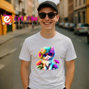 Tricou Pisica cu flori si ochelari mari fundal negru Copii | Dama | Barbat - Img 5