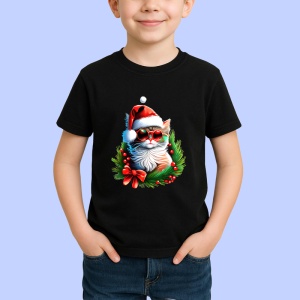 Tricou Pisica cu fundita Craciun si cadou in spate Copii | Dama | Barbat, culoare negru - Img 4