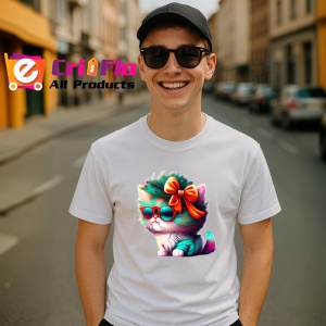 Tricou Pisica cu fundita rosie si blana curcubeu Copii | Dama | Barbat - Img 6
