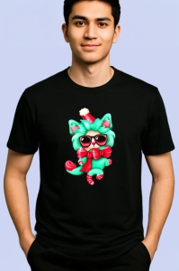 Tricou Pisica cu fundita verde si baston de zahar rosu Copii | Dama | Barbat, culoare negru - Img 2