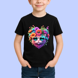 Tricou Pisica cu ochelari in forma de inima si flori roz Copii | Dama | Barbat, culoare negru - Img 4