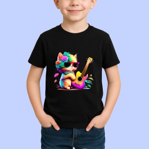Tricou Pisica cu ochelari si chitara mov fundal alb Copii | Dama | Barbat, culoare negru - Img 4