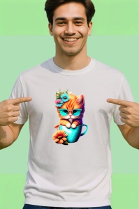 Tricou Pisica cu ochelari si flori intr o cana albastra Copii | Dama | Barbat - Img 2