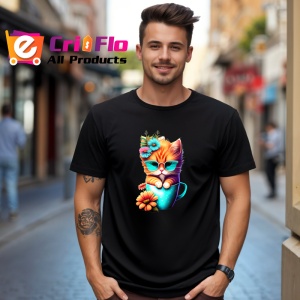 Tricou Pisica cu ochelari si flori intr o cana albastra Copii | Dama | Barbat, culoare negru - Img 5