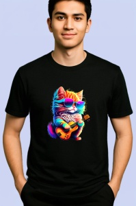 Tricou Pisica curcubeu cu barba si chitara electrica Copii | Dama | Barbat, culoare negru - Img 2