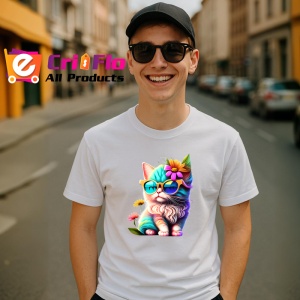 Tricou Pisica curcubeu cu floare galbena si fundal alb Copii | Dama | Barbat - Img 6