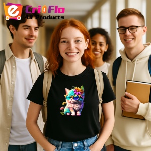 Tricou Pisica curcubeu cu floare galbena si fundal alb Copii | Dama | Barbat, culoare negru - Img 8