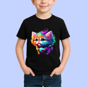 Tricou Pisica curcubeu desen stil pop art cu ochi mari Copii | Dama | Barbat, culoare negru - Img 4