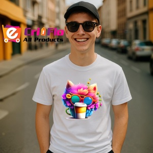 Tricou Pisica curcubeu in cana galbena cu flori in par Copii | Dama | Barbat - Img 5