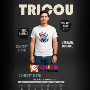 Tricou Pisica curcubeu pe luna aurie si flori fundal alb Copii | Dama | Barbat - Img 6