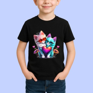 Tricou Pisica curcubeu pe luna aurie si flori fundal alb Copii | Dama | Barbat, culoare negru - Img 4