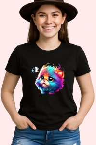 Tricou Pisica curcubeu pufoasa cu minge de fotbal Copii | Dama | Barbat, culoare negru - Img 3