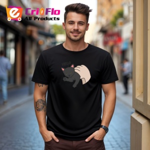 Tricou Pisica Gri Amuzanta Hello Fundal Inchis, din bumbac 100%, tricou negru Copii | Dama | Barbat - Img 5