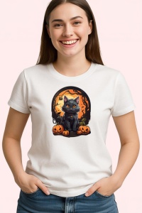 Tricou Pisica Gri Halloween Dovleci Luna Plina, din bumbac 100% , tricou alb pentru Copii | Dama | Barbat - Img 3