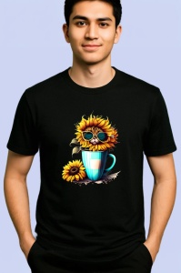 Tricou Pisica in cana galbena cu floarea soarelui si ochelari Copii | Dama | Barbat, culoare negru - Img 2
