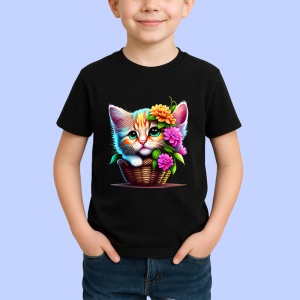 Tricou Pisica in cos cu flori imagine adorabila si vesela Copii | Dama | Barbat, culoare negru - Img 4