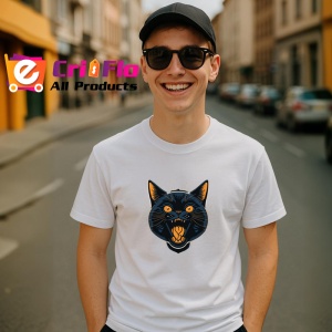 Tricou Pisica neagra cu dinti mari si fundal alb Copii | Dama | Barbat
