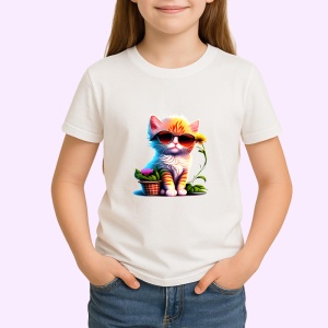 Tricou Pisica portocalie cu ochelari si fundal alb albastru Copii | Dama | Barbat - Img 4