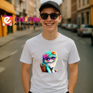 Tricou Pisica pufoasa alba cu ochelari si flori colorate Copii | Dama | Barbat - Img 5