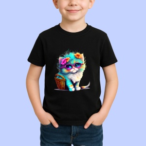 Tricou Pisica pufoasa alba cu ochelari si flori colorate Copii | Dama | Barbat, culoare negru - Img 3