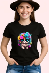 Tricou Pisica pufoasa cu ochelari mari si flori colorate Copii | Dama | Barbat, culoare negru - Img 3