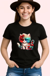 Tricou Pisica pufoasa cu ochelari si fundita mare rosie Copii | Dama | Barbat, culoare negru - Img 3