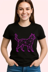 Tricou Pisica Roz Contur Poligonal, Copii | Dama | Barbat, culoare negru - Img 4