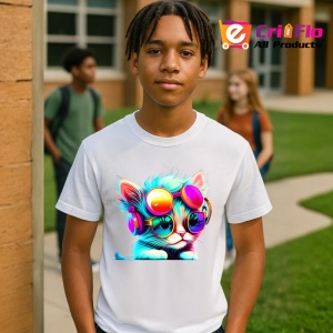 Tricou Pisica techno cu ochelari roz si casti mov Copii | Dama | Barbat - Img 4