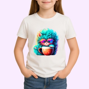 Tricou Pisica turcoaz cu ochelari si cana rosie fundal alb Copii | Dama | Barbat - Img 4
